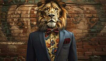 självsäker affärsman i lejon kostym kommandon Framgång genererad förbi ai foto