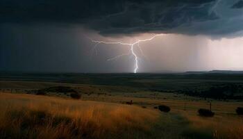 elektricitet knakar genom de stormig natt himmel genererad förbi ai foto