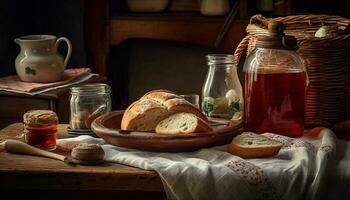 rustik måltid på trä- tabell med hemlagad bröd genererad förbi ai foto