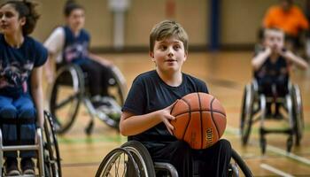 leende skola barn spelar basketboll inomhus tillsammans genererad förbi ai foto