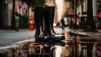 skinande läder stövlar reflektera våt höst regn genererad förbi ai foto