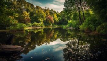 höst löv reflektera i lugn damm vatten genererad förbi ai foto