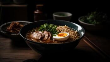 nyligen kokta Ramen spaghetti med friska grönsaker genererad förbi ai foto