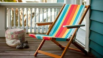 bekväm randig stol för utomhus- avslappning i sommar genererad förbi ai foto