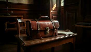 läder resväska på tabell utstrålar gammal fashioned elegans genererad förbi ai foto