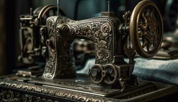 antik sömnad maskin spolar tråd för plagg genererad förbi ai foto