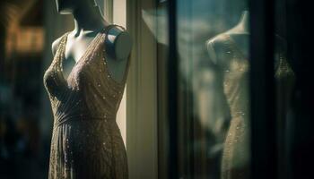 elegant mannekäng ställer ut designer bröllop klänning samling genererad förbi ai foto