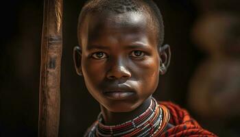 leende afrikansk pojke i traditionell Kläder utomhus genererad förbi ai foto
