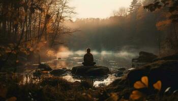 mediterar utomhus, omgiven förbi natur skönhet genererad förbi ai foto