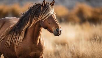 hingst betar i lugn äng på solnedgång genererad förbi ai foto