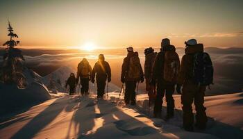 grupp av människor vandring berg topp på solnedgång genererad förbi ai foto