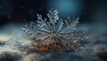 skinande snöflinga glöder på mörk vinter- natt genererad förbi ai foto