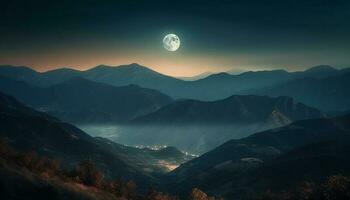majestätisk berg räckvidd, lugn scen, månsken mysterium genererad förbi ai foto