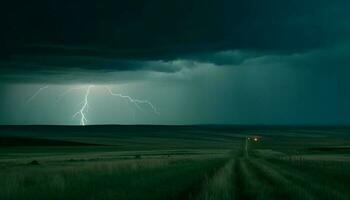 elektricitet knakar genom de mörk stormig natt genererad förbi ai foto