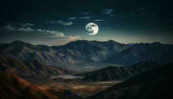 majestätisk berg topp under månsken och stjärnor genererad förbi ai foto
