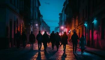 silhuetter av turister gående genom gammal stad genererad förbi ai foto