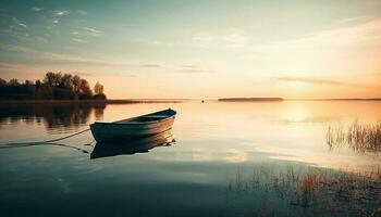 lugn solnedgång på de vatten, nautisk fartyg segel genererad förbi ai foto