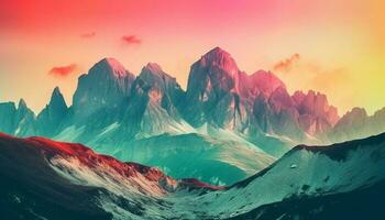 majestätisk berg räckvidd, lugn äng, lila solnedgång genererad förbi ai foto