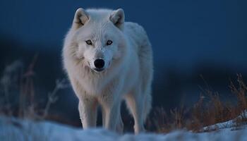 arktisk Varg ylande, renrasig hund stående fortfarande genererad förbi ai foto