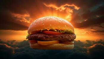 grillad nötkött burger med ost och frites genererad förbi ai foto