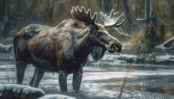 behornad älg betar i snöig alberta skog generativ ai foto