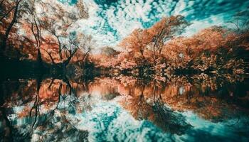 höst träd speglar vibrerande färger på vatten yta genererad förbi ai foto