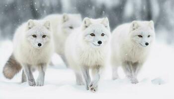 tre söt arktisk djur stående i snö genererad förbi ai foto