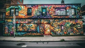 vibrerande färger belysa kaotisk stad gata mural generativ ai foto