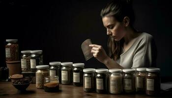 ung kvinna innehav piller flaska i laboratorium generativ ai foto