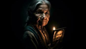 gammal man bön- med ljus, sökande Gud visdom generativ ai foto