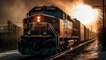 ånga tåg hastigheter genom solnedgång, transport frakt generativ ai foto