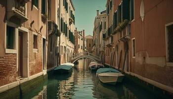 venetian gondoljär navigerar smal kanal på skymning genererad förbi ai foto