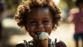 söt afrikansk pojke åtnjuter is grädde utomhus lyckligt genererad förbi ai foto