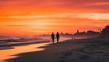 silhuett av två människor gående på strand genererad förbi ai foto