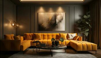 bekväm modern soffa lyx fåtölj upplyst elektrisk lampa genererad förbi ai foto