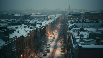 stad lampor fläck i snöig vinter- natt genererad förbi ai foto