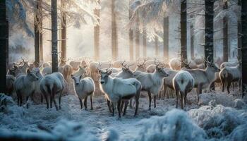 besättning av behornad rådjur beta i vinter- skog genererad förbi ai foto