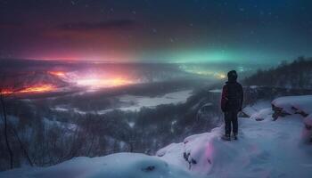 ett person vandring berg topp i vinter- genererad förbi ai foto