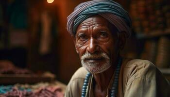 senior indisk skräddare leende ser på kamera genererad förbi ai foto