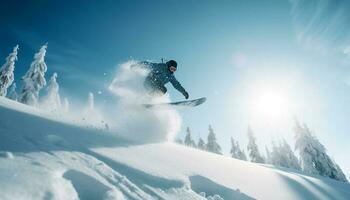 män snowboard i extrem vinter- sport äventyr genererad förbi ai foto