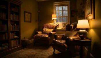 lyx modern levande rum med bekväm soffa genererad förbi ai foto