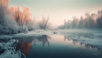 lugn scen av vinter- skog speglar skönhet genererad förbi ai foto