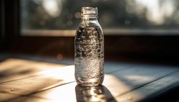 färsk vatten i glas flaska på trä- tabell genererad förbi ai foto