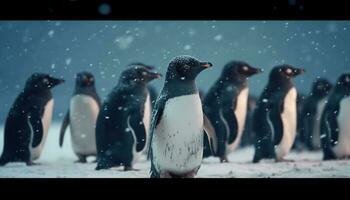 grupp av söt pingviner vaggande på is isflak genererad förbi ai foto
