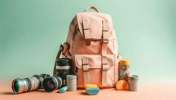 backpacker fotografisk Utrustning för utomhus- äventyr genererad förbi ai foto