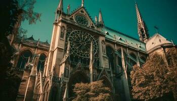 gotik spiror belysa känd katedral på skymning genererad förbi ai foto