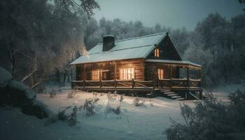 frostig vinter- natt snöar på övergiven hydda genererad förbi ai foto