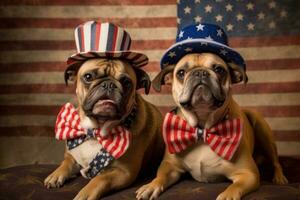 två förtjusande hundar klädd i patriotisk hattar och rosett band. generativ ai foto
