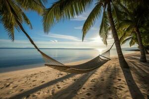 avkopplande hängmatta suspenderad mellan två handflatan träd på en lugn strand. generativ ai foto