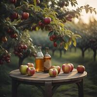 äpple cider vinäger och färsk äpplen på en tabell i ett fruktträdgård. generativ ai foto